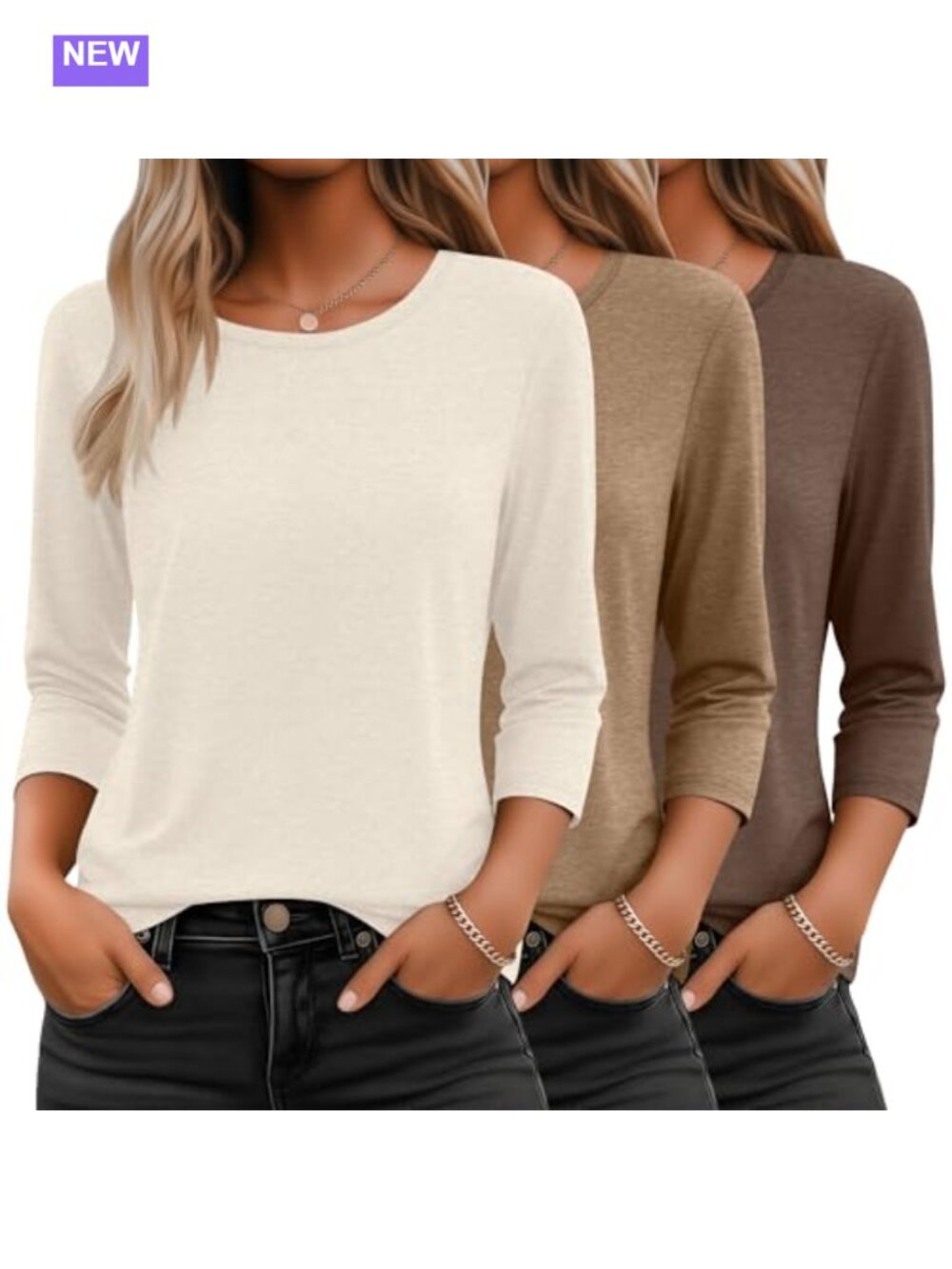 3/4 Sleeve Crewneck T-Shirts for Women Loose Fit Casual Basic Tees